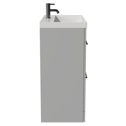 Napoli Gloss Grey Pearl 800mm Floor Standing Vanity Unit with 1 Tap Hole Slim Edge Basin and 2 Drawers with Gunmetal Grey Handles View from Side