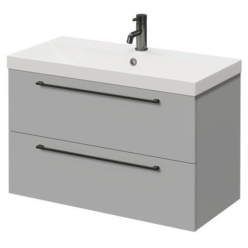 Napoli Gloss Grey Pearl 800mm Wall Mounted Vanity Unit with 1 Tap Hole Slim Edge Basin and 2 Drawers with Gunmetal Grey Handles Right Hand View