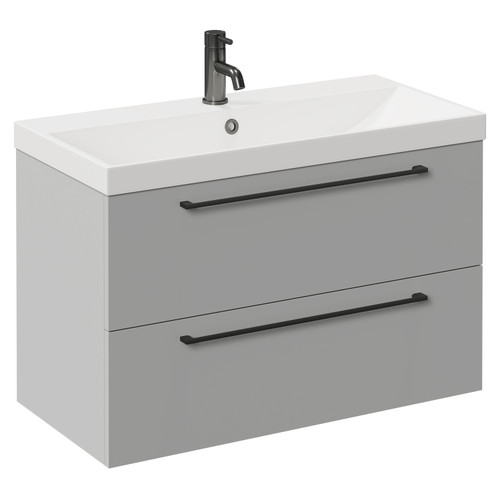 Napoli Gloss Grey Pearl 800mm Wall Mounted Vanity Unit with 1 Tap Hole Slim Edge Basin and 2 Drawers with Gunmetal Grey Handles Left Hand View