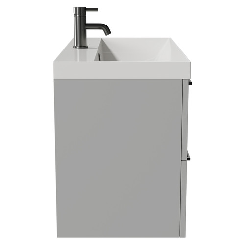 Napoli Gloss Grey Pearl 800mm Wall Mounted Vanity Unit with 1 Tap Hole Slim Edge Basin and 2 Drawers with Gunmetal Grey Handles View from Side
