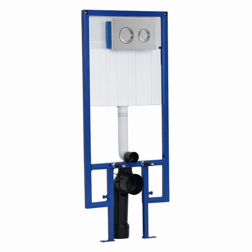 Jesi Mechanical High Height Concealed Cistern with Wall Frame and Chrome Dual Flush Plate with Round Buttons View from Front