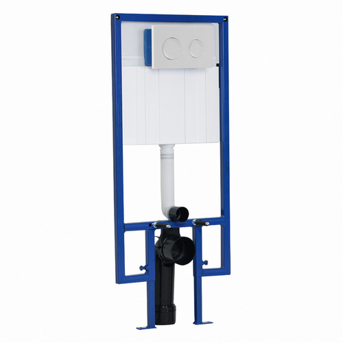 Jesi Mechanical Low Height Concealed Cistern with Wall Frame and White Dual Flush Plate with Round Buttons View from Front