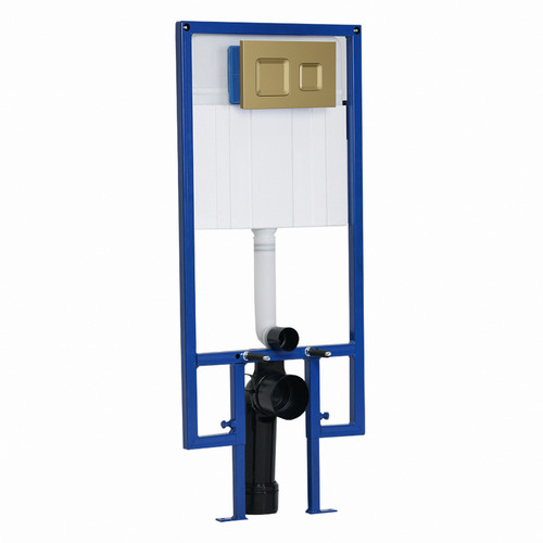 Jesi Mechanical Low Height Concealed Cistern with Wall Frame and Colore Brushed Brass Dual Flush Plate with Square Buttons View from Front