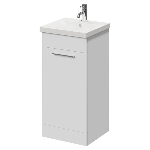 Napoli Gloss White 400mm Floor Standing Vanity Unit with 1 Tap Hole Glide Basin and Single Door with Chrome Handle Right Hand View