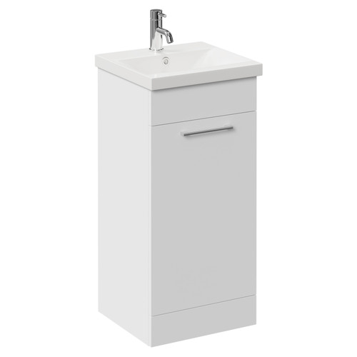 Napoli Gloss White 400mm Floor Standing Vanity Unit with 1 Tap Hole Glide Basin and Single Door with Chrome Handle Left Hand View