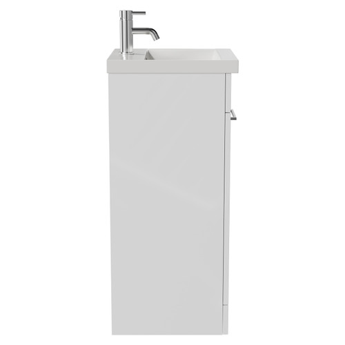 Napoli Gloss White 400mm Floor Standing Vanity Unit with 1 Tap Hole Glide Basin and Single Door with Chrome Handle View from Side