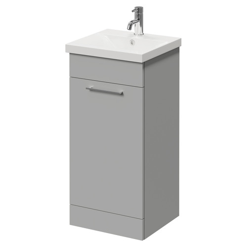 Napoli Gloss Grey Pearl 400mm Floor Standing Vanity Unit with 1 Tap Hole Glide Basin and Single Door with Chrome Handle Right Hand View