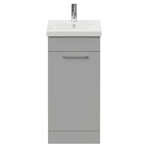 Napoli Gloss Grey Pearl 400mm Floor Standing Vanity Unit with 1 Tap Hole Glide Basin and Single Door with Chrome Handle View from Front
