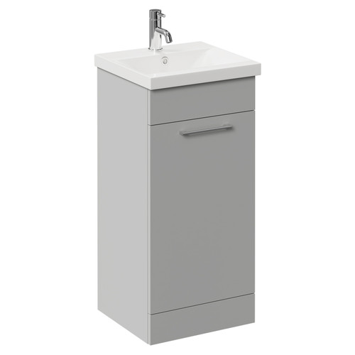 Napoli Gloss Grey Pearl 400mm Floor Standing Vanity Unit with 1 Tap Hole Glide Basin and Single Door with Chrome Handle Left Hand View