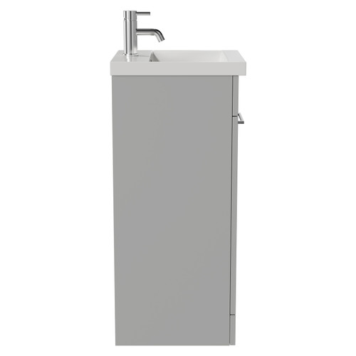 Napoli Gloss Grey Pearl 400mm Floor Standing Vanity Unit with 1 Tap Hole Glide Basin and Single Door with Chrome Handle View from Side