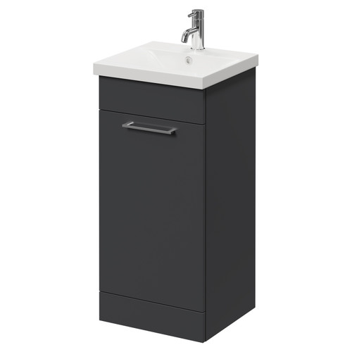 Napoli Gloss Grey 400mm Floor Standing Vanity Unit with 1 Tap Hole Glide Basin and Single Door with Chrome Handle Right Hand View