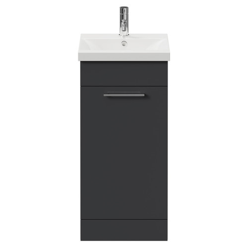 Napoli Gloss Grey 400mm Floor Standing Vanity Unit with 1 Tap Hole Glide Basin and Single Door with Chrome Handle View from Front