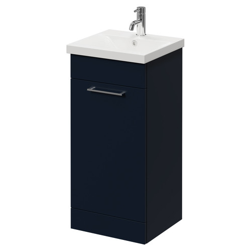 Napoli Deep Blue 400mm Floor Standing Vanity Unit with 1 Tap Hole Glide Basin and Single Door with Chrome Handle Right Hand View