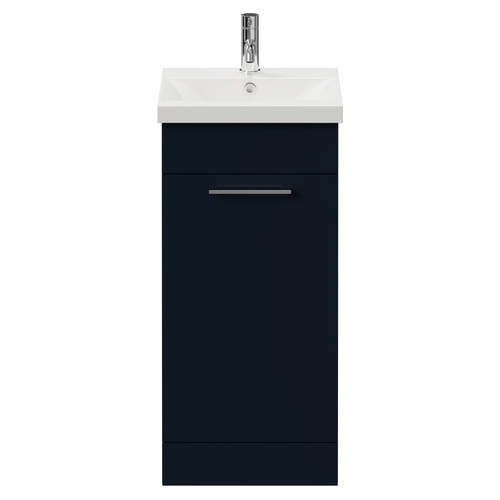 Napoli Deep Blue 400mm Floor Standing Vanity Unit with 1 Tap Hole Glide Basin and Single Door with Chrome Handle View from Front