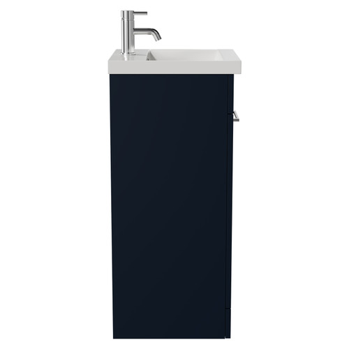 Napoli Deep Blue 400mm Floor Standing Vanity Unit with 1 Tap Hole Glide Basin and Single Door with Chrome Handle View from Side