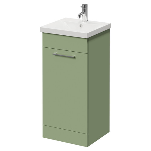 Napoli Olive Green 400mm Floor Standing Vanity Unit with 1 Tap Hole Glide Basin and Single Door with Chrome Handle Right Hand View
