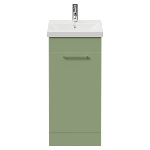 Napoli Olive Green 400mm Floor Standing Vanity Unit with 1 Tap Hole Glide Basin and Single Door with Chrome Handle View from Front