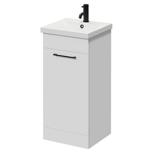 Napoli Gloss White 400mm Floor Standing Vanity Unit with 1 Tap Hole Glide Basin and Single Door with Matt Black Handle Right Hand View