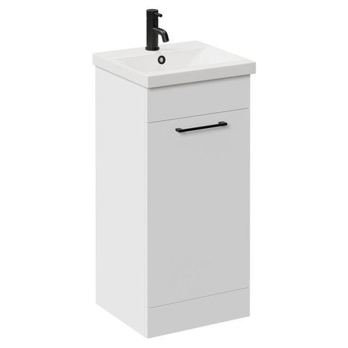 Napoli Gloss White 400mm Floor Standing Vanity Unit with 1 Tap Hole Glide Basin and Single Door with Matt Black Handle Left Hand View