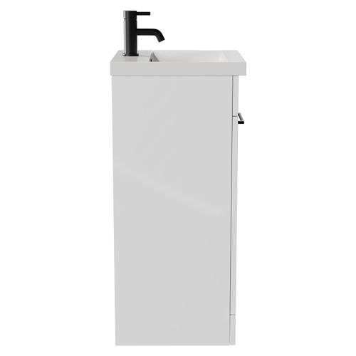 Napoli Gloss White 400mm Floor Standing Vanity Unit with 1 Tap Hole Glide Basin and Single Door with Matt Black Handle View from Side