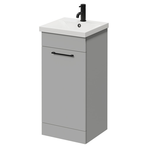 Napoli Gloss Grey Pearl 400mm Floor Standing Vanity Unit with 1 Tap Hole Glide Basin and Single Door with Matt Black Handle Right Hand View