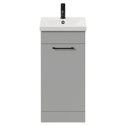 Napoli Gloss Grey Pearl 400mm Floor Standing Vanity Unit with 1 Tap Hole Glide Basin and Single Door with Matt Black Handle View from Front