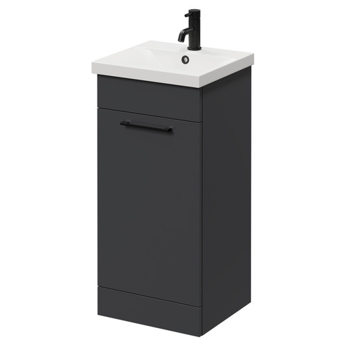 Napoli Gloss Grey 400mm Floor Standing Vanity Unit with 1 Tap Hole Glide Basin and Single Door with Matt Black Handle Right Hand View