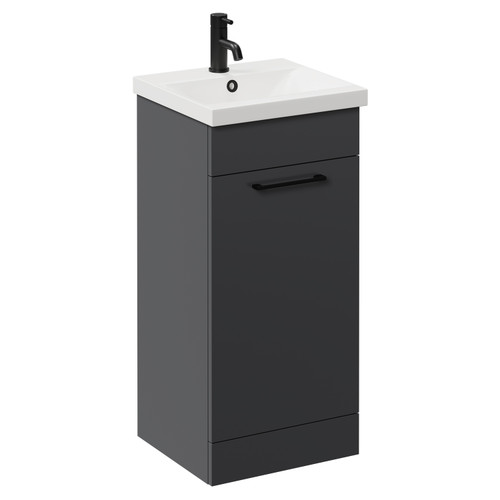 Napoli Gloss Grey 400mm Floor Standing Vanity Unit with 1 Tap Hole Glide Basin and Single Door with Matt Black Handle Left Hand View