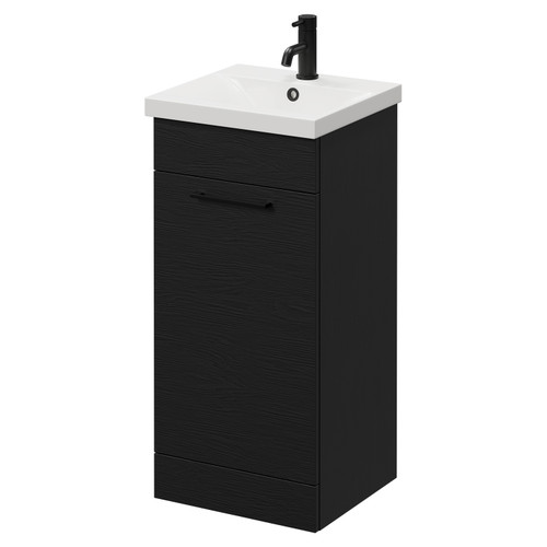 Napoli Nero Oak 400mm Floor Standing Vanity Unit with 1 Tap Hole Glide Basin and Single Door with Matt Black Handle Right Hand View