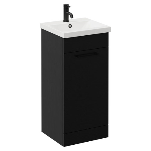 Napoli Nero Oak 400mm Floor Standing Vanity Unit with 1 Tap Hole Glide Basin and Single Door with Matt Black Handle Left Hand View