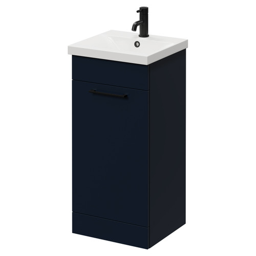 Napoli Deep Blue 400mm Floor Standing Vanity Unit with 1 Tap Hole Glide Basin and Single Door with Matt Black Handle Right Hand View