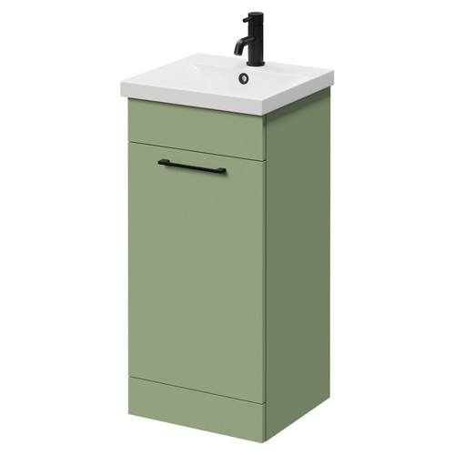 Napoli Olive Green 400mm Floor Standing Vanity Unit with 1 Tap Hole Glide Basin and Single Door with Matt Black Handle Right Hand View