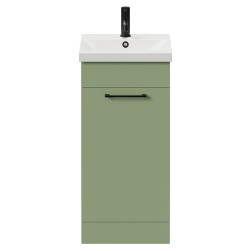 Napoli Olive Green 400mm Floor Standing Vanity Unit with 1 Tap Hole Glide Basin and Single Door with Matt Black Handle View from Front