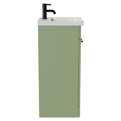 Napoli Olive Green 400mm Floor Standing Vanity Unit with 1 Tap Hole Glide Basin and Single Door with Matt Black Handle View from Side