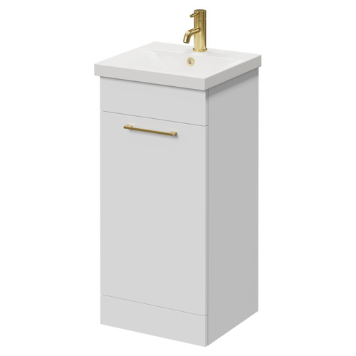 Napoli Gloss White 400mm Floor Standing Vanity Unit with 1 Tap Hole Glide Basin and Single Door with Brushed Brass Handle Right Hand View