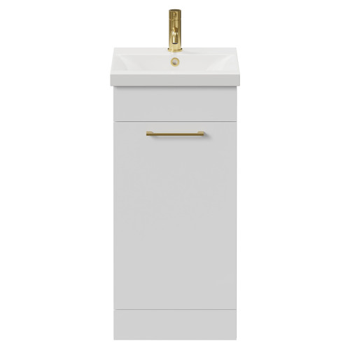 Napoli Gloss White 400mm Floor Standing Vanity Unit with 1 Tap Hole Glide Basin and Single Door with Brushed Brass Handle View from Front