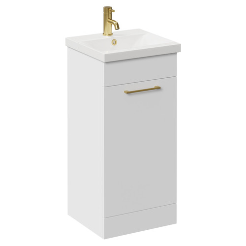 Napoli Gloss White 400mm Floor Standing Vanity Unit with 1 Tap Hole Glide Basin and Single Door with Brushed Brass Handle Left Hand View