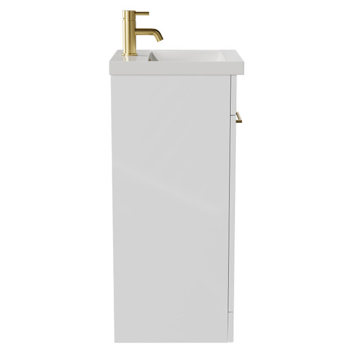 Napoli Gloss White 400mm Floor Standing Vanity Unit with 1 Tap Hole Glide Basin and Single Door with Brushed Brass Handle View from Side
