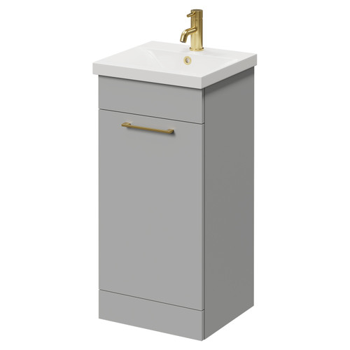 Napoli Gloss Grey Pearl 400mm Floor Standing Vanity Unit with 1 Tap Hole Glide Basin and Single Door with Brushed Brass Handle Right Hand View
