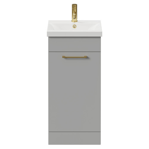 Napoli Gloss Grey Pearl 400mm Floor Standing Vanity Unit with 1 Tap Hole Glide Basin and Single Door with Brushed Brass Handle View from Front