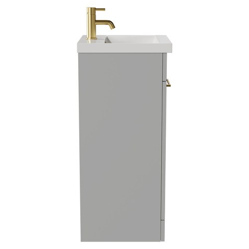 Napoli Gloss Grey Pearl 400mm Floor Standing Vanity Unit with 1 Tap Hole Glide Basin and Single Door with Brushed Brass Handle View from Side