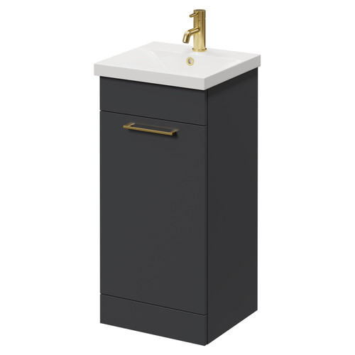 Napoli Gloss Grey 400mm Floor Standing Vanity Unit with 1 Tap Hole Glide Basin and Single Door with Brushed Brass Handle Right Hand View