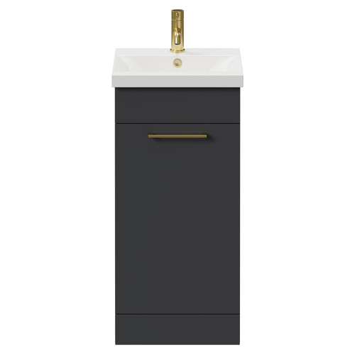 Napoli Gloss Grey 400mm Floor Standing Vanity Unit with 1 Tap Hole Glide Basin and Single Door with Brushed Brass Handle View from Front