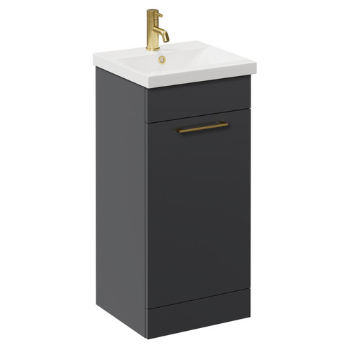 Napoli Gloss Grey 400mm Floor Standing Vanity Unit with 1 Tap Hole Glide Basin and Single Door with Brushed Brass Handle Left Hand View