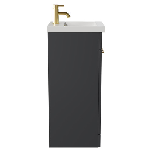 Napoli Gloss Grey 400mm Floor Standing Vanity Unit with 1 Tap Hole Glide Basin and Single Door with Brushed Brass Handle View from Side
