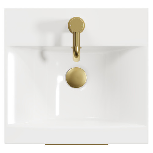 Napoli Gloss Grey 400mm Floor Standing Vanity Unit with 1 Tap Hole Glide Basin and Single Door with Brushed Brass Handle View from Top