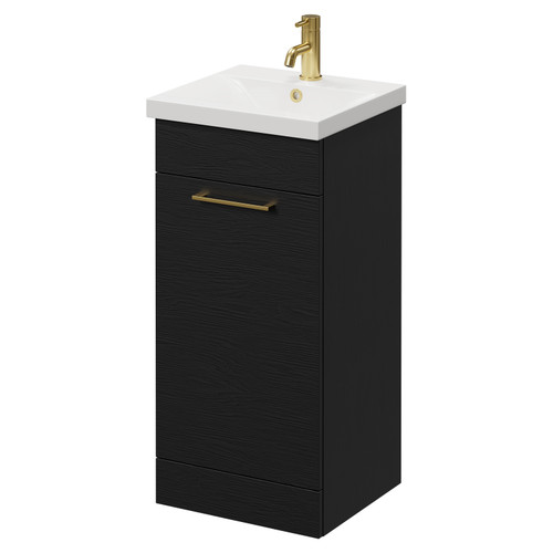Napoli Nero Oak 400mm Floor Standing Vanity Unit with 1 Tap Hole Glide Basin and Single Door with Brushed Brass Handle Right Hand View