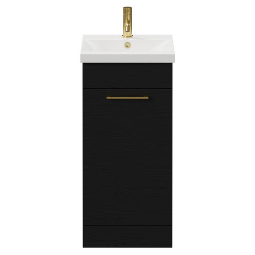 Napoli Nero Oak 400mm Floor Standing Vanity Unit with 1 Tap Hole Glide Basin and Single Door with Brushed Brass Handle View from Front