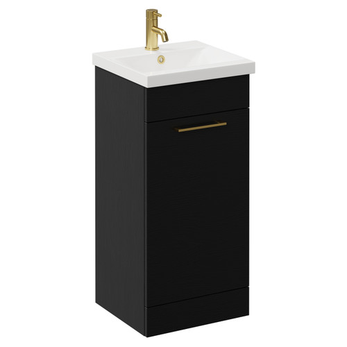 Napoli Nero Oak 400mm Floor Standing Vanity Unit with 1 Tap Hole Glide Basin and Single Door with Brushed Brass Handle Left Hand View