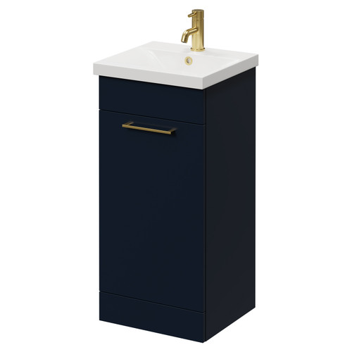 Napoli Deep Blue 400mm Floor Standing Vanity Unit with 1 Tap Hole Glide Basin and Single Door with Brushed Brass Handle Right Hand View